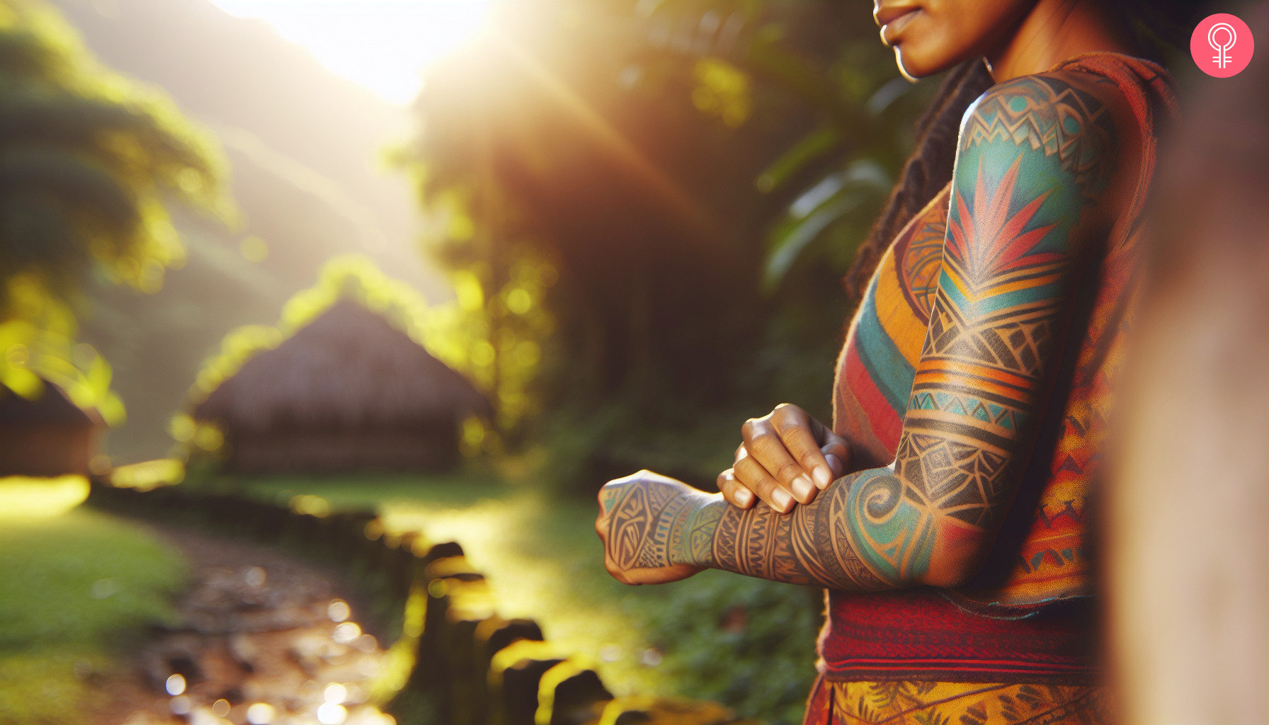 A woman with a colorful Fijian tribal sleeve tattoo