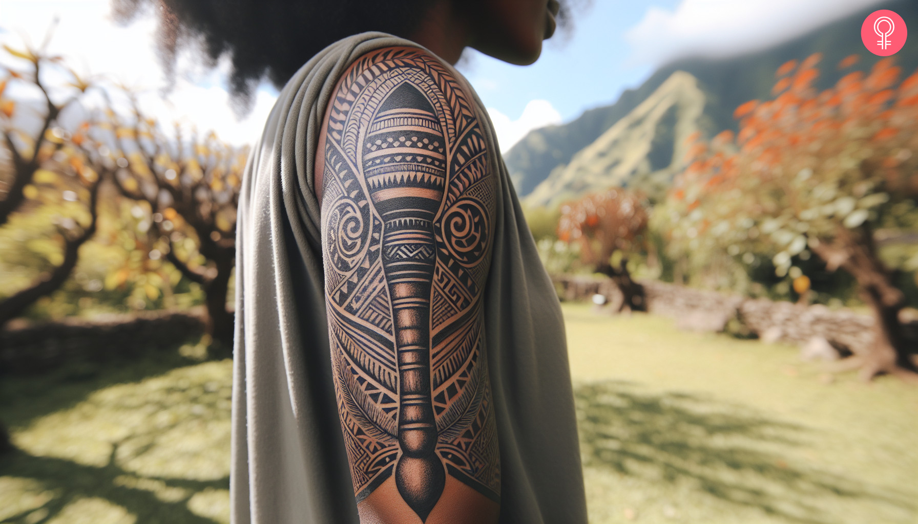 A woman with a Fijian war club tattoo on her upper arm