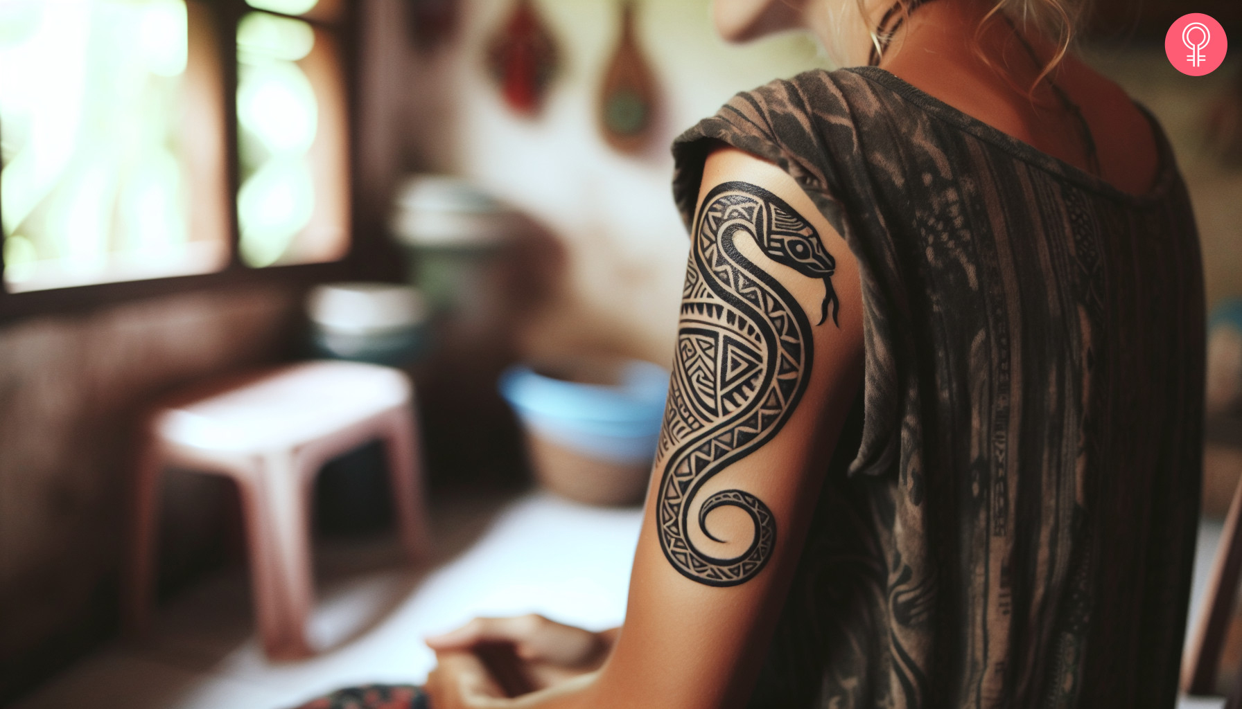 Filipino tribal snake tattoo on the upper arm of a woman