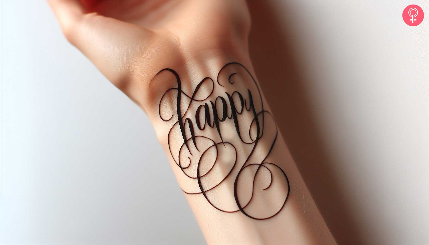The word happy inked on the wrist