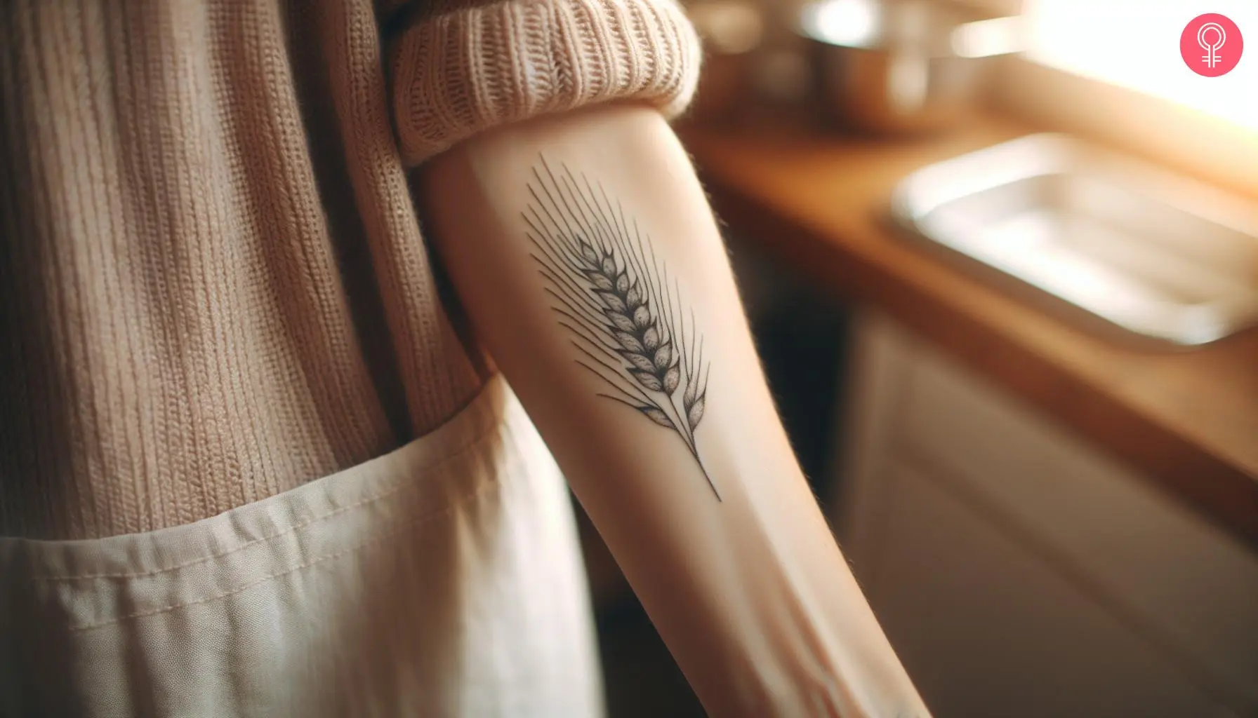 Fine line wheat tattoo on the forearm of a woman