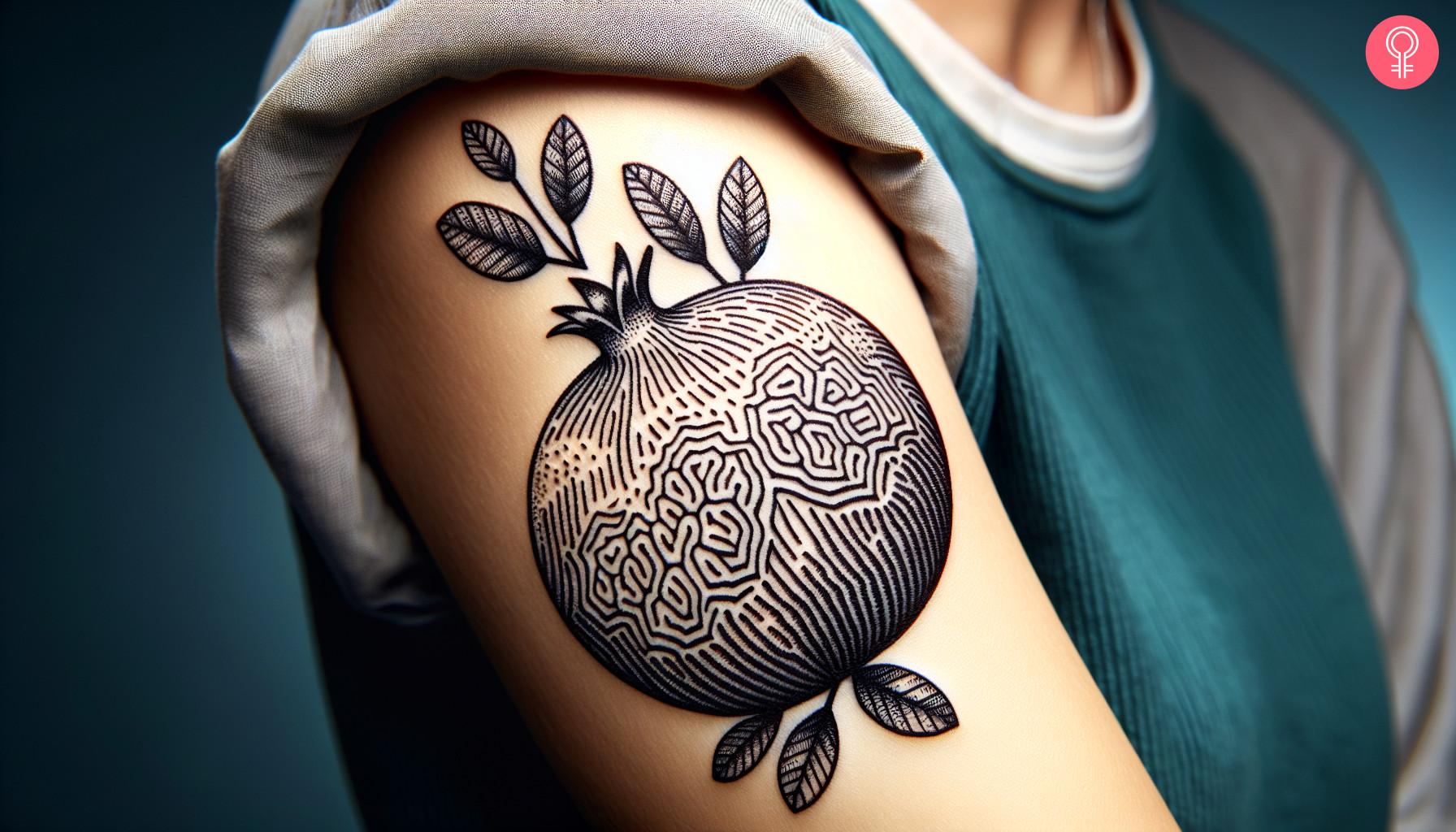 Fine line pomegranate tattoo on a woman's arm