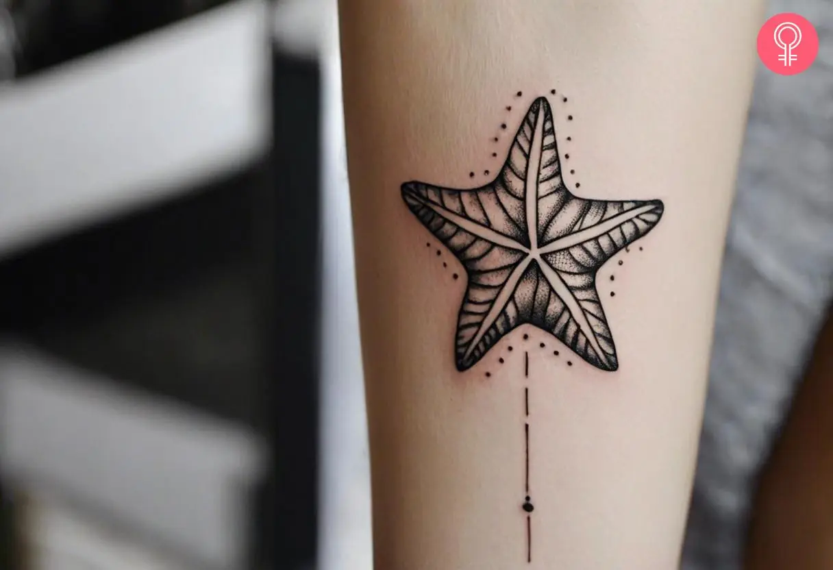 Fine line starfish tattoo on the forearm