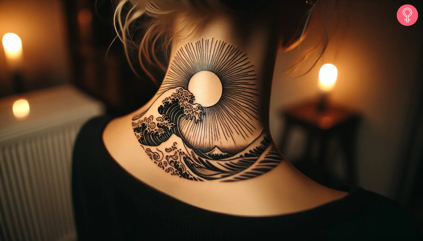 Fine line wave and sun tattoo on the neck of a woman