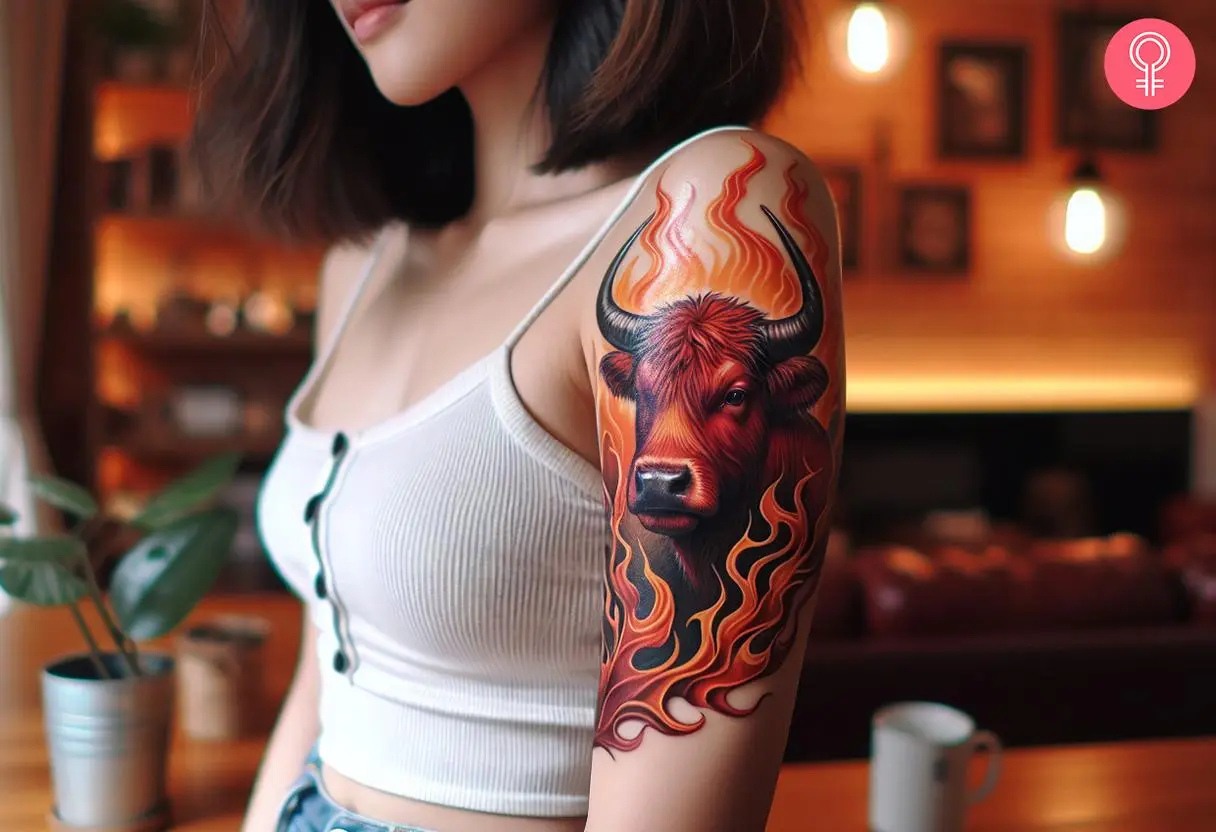 Fire Ox tattoo on the upper arm of a woman