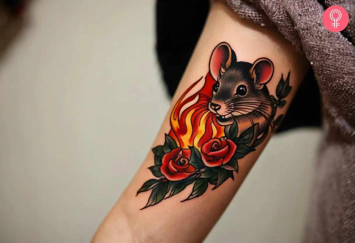 Woman with fire rat tattoo on her inner arm