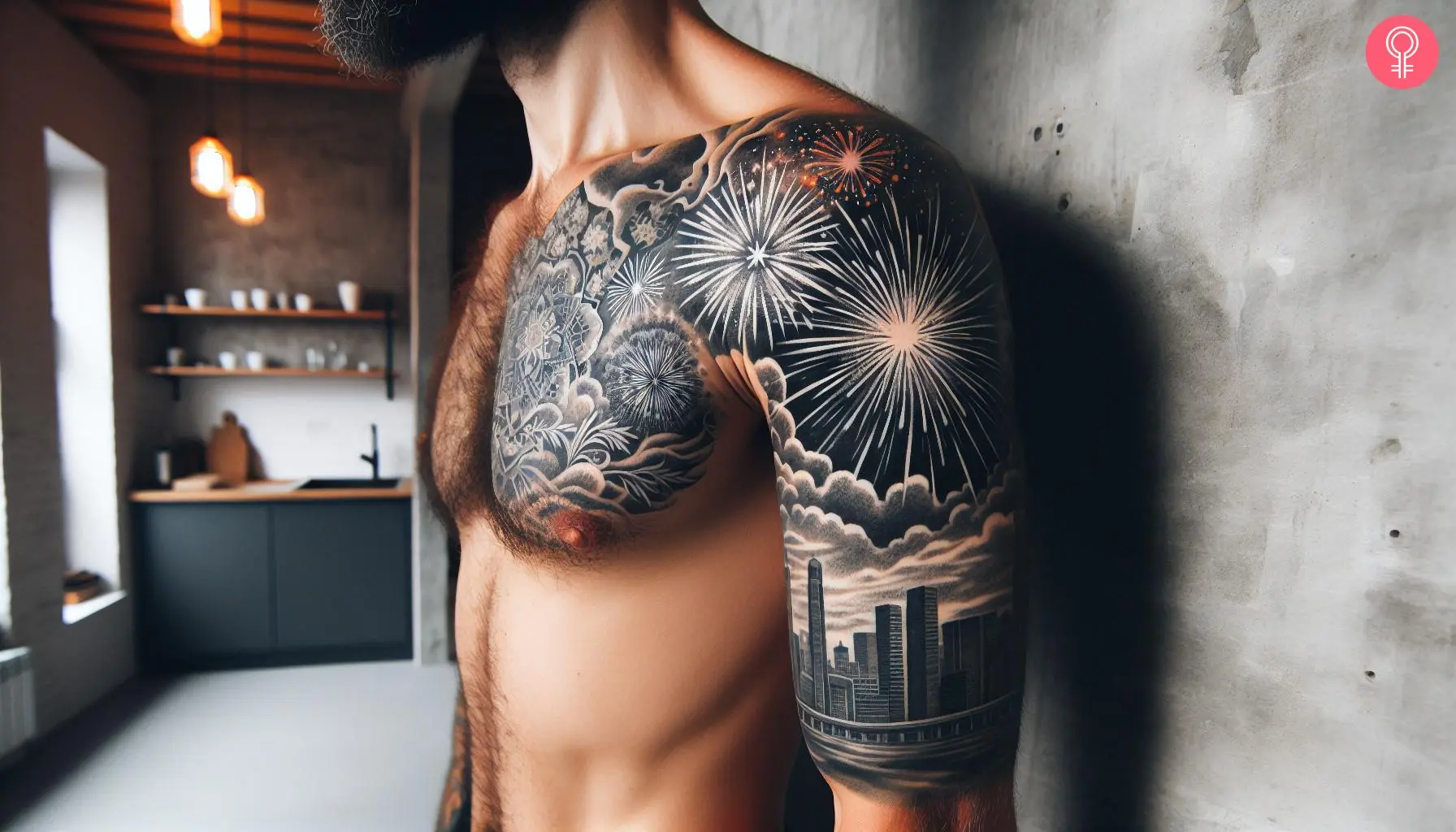 Black and white firework tattoo on the shoulder of a man