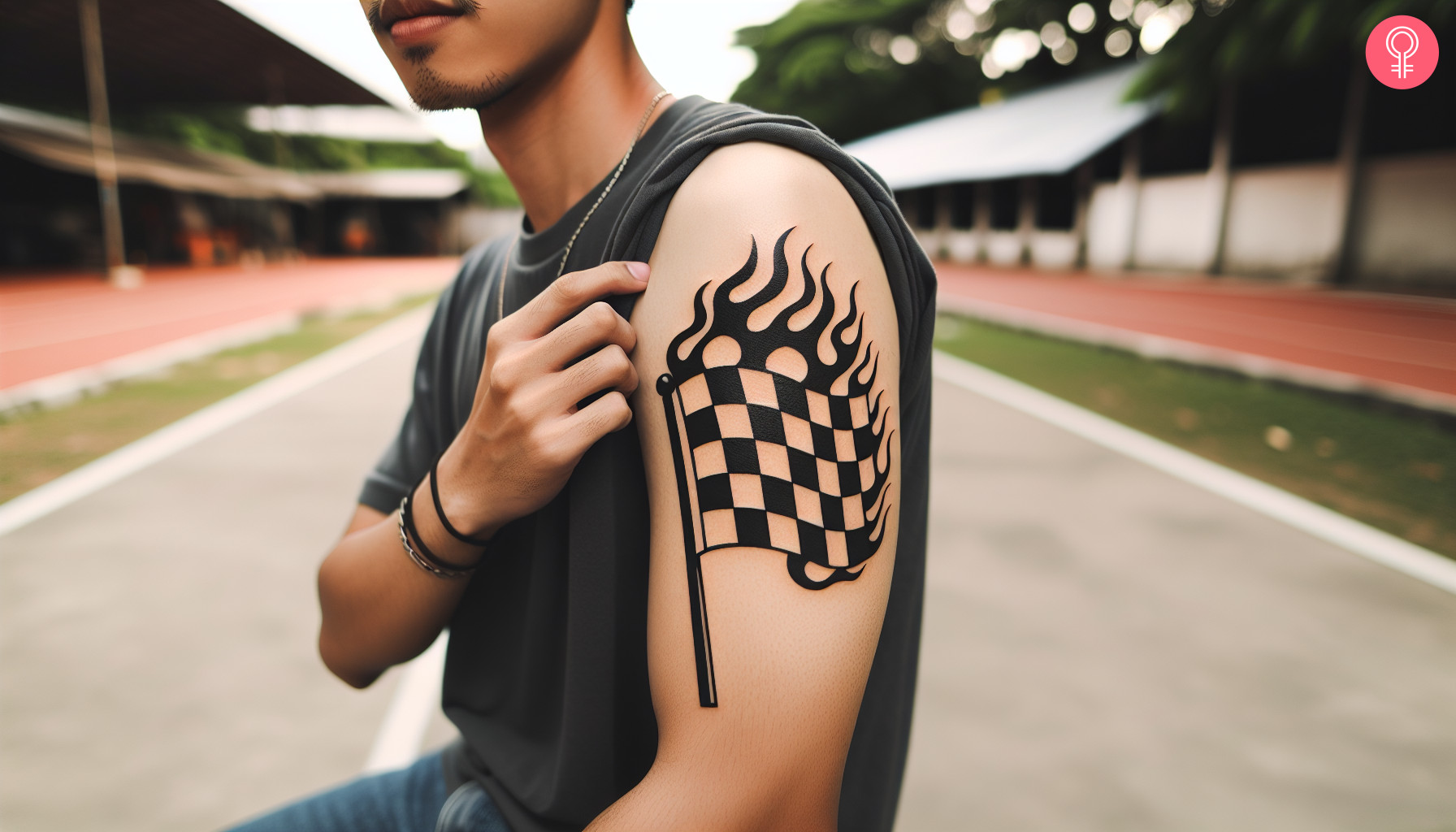 Flame checkered flag tattoo on a woman’s arm