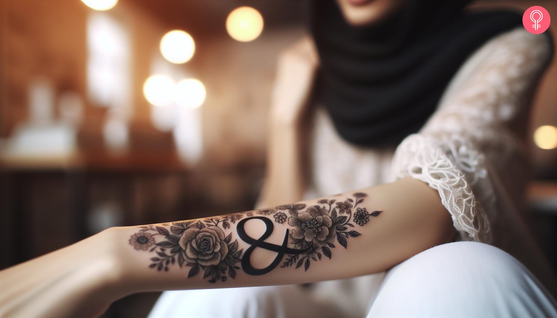 Floral ampersand tattoo on the forearm of a woman