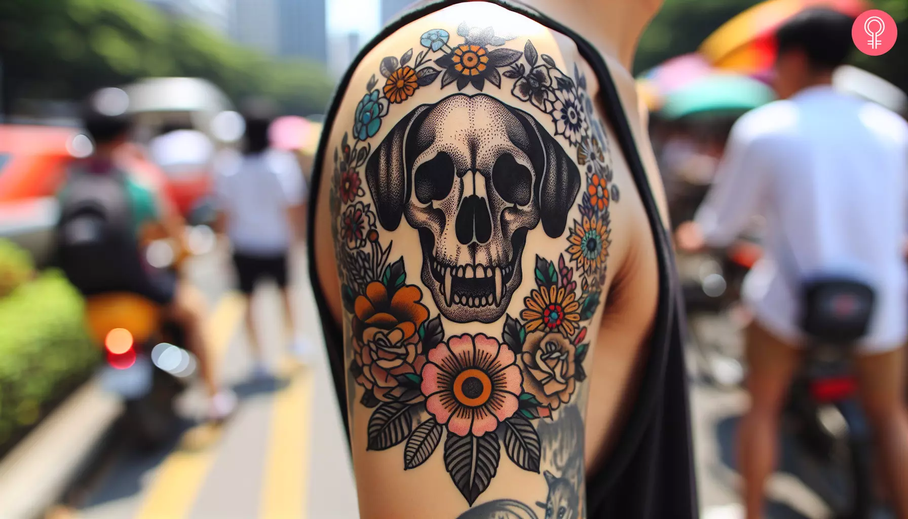 Floral dog skull tattoo on a man’s arm