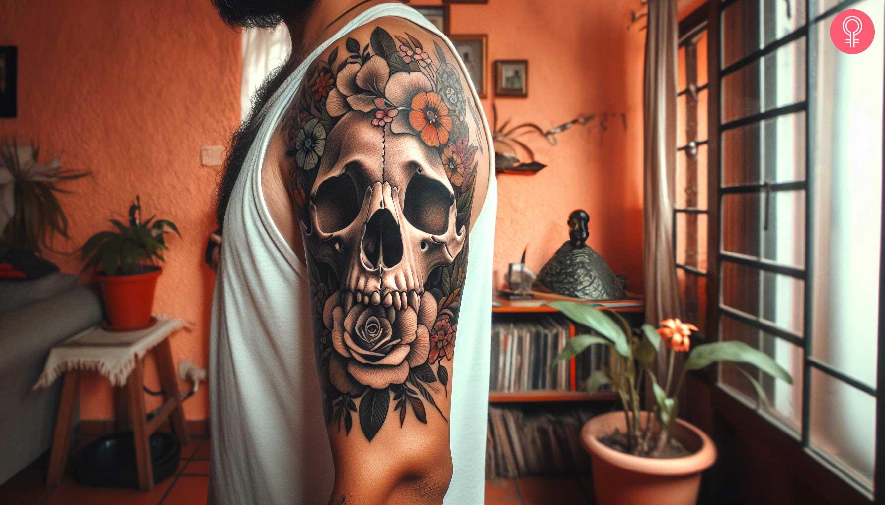 Floral dog skull tattoo on a man’s arm