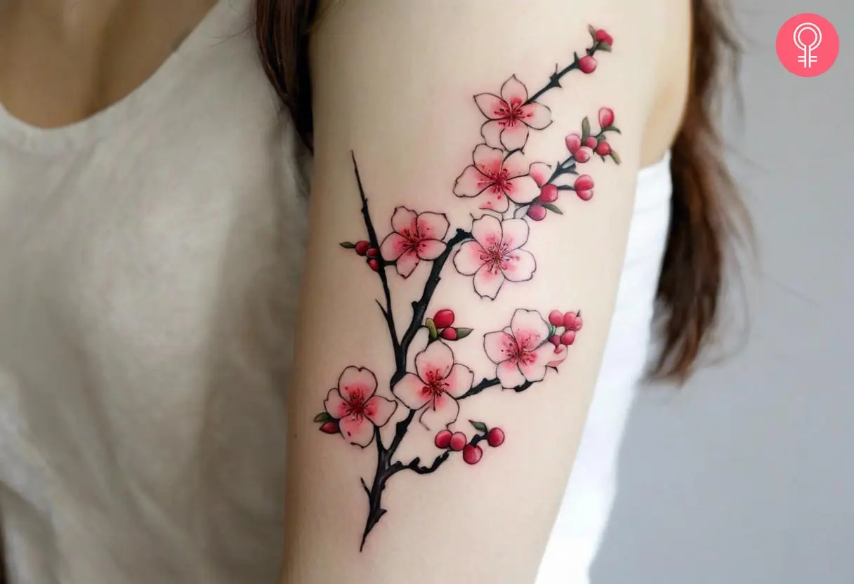 Floral new beginning tattoo with an arrow on the upper arm of a woman