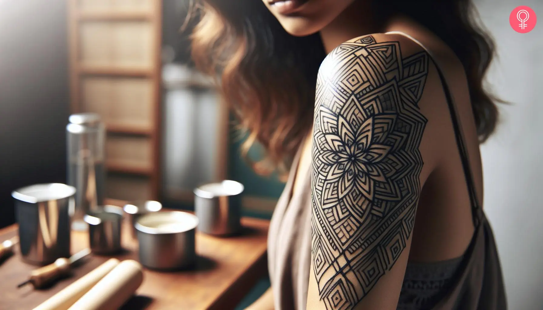 Flower geometric pattern tattoo on the arm of a woman