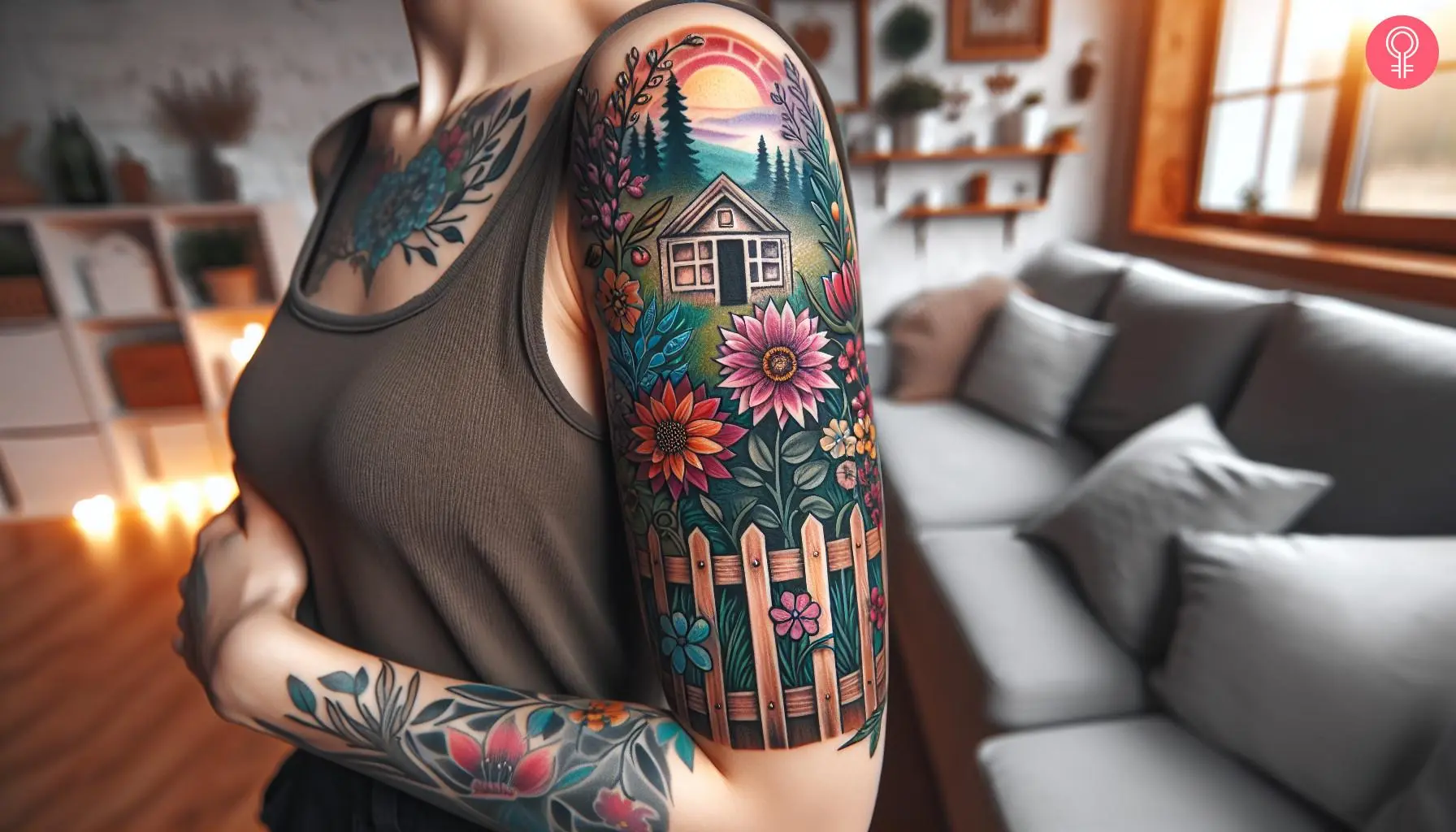 Flower garden tattoo on the upper arm