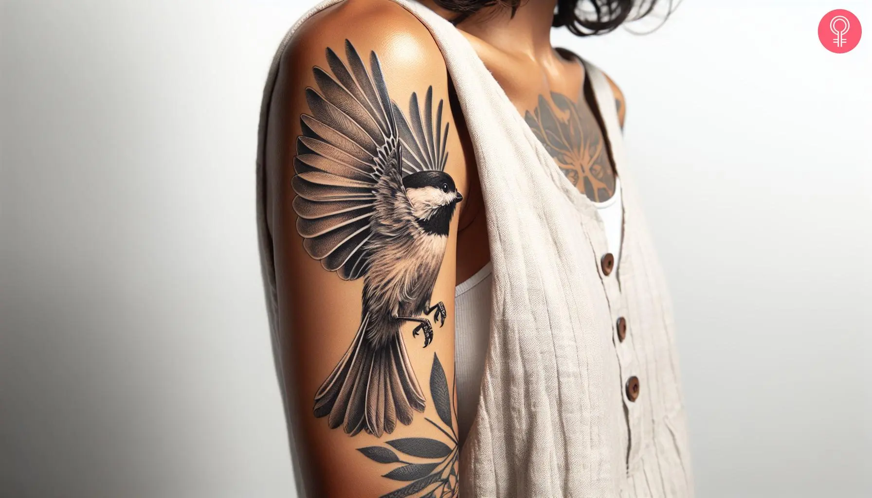 Flying chickadee tattoo on the arm