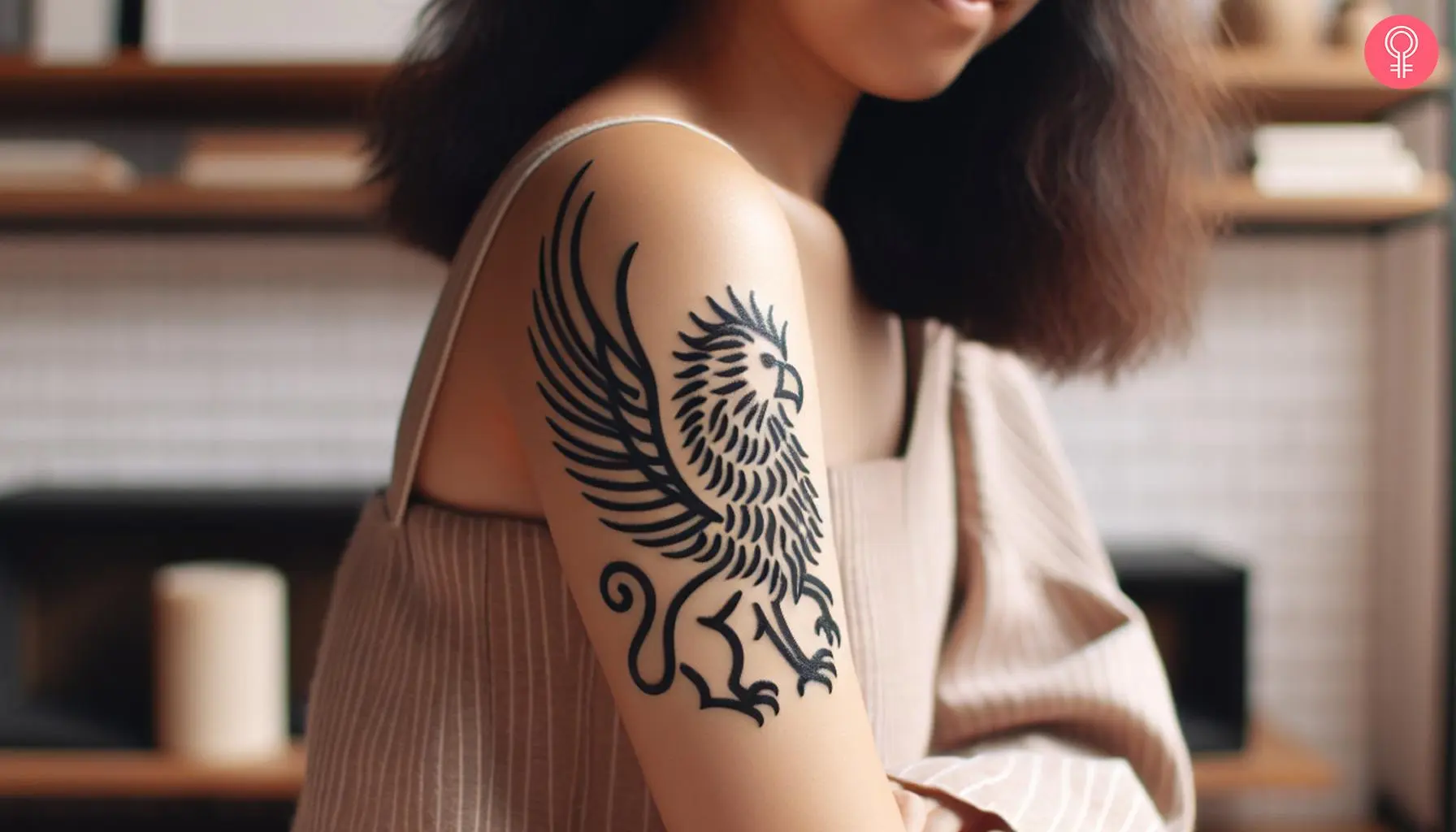 A flying griffin tattoo on a woman’s arm