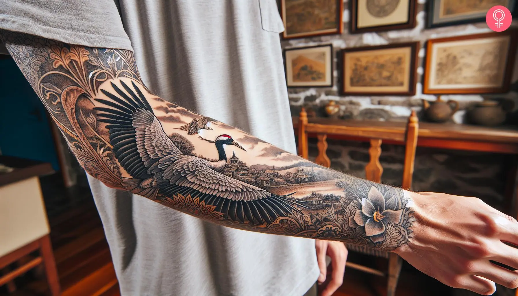 Flying crane tattoo on the arm of a man