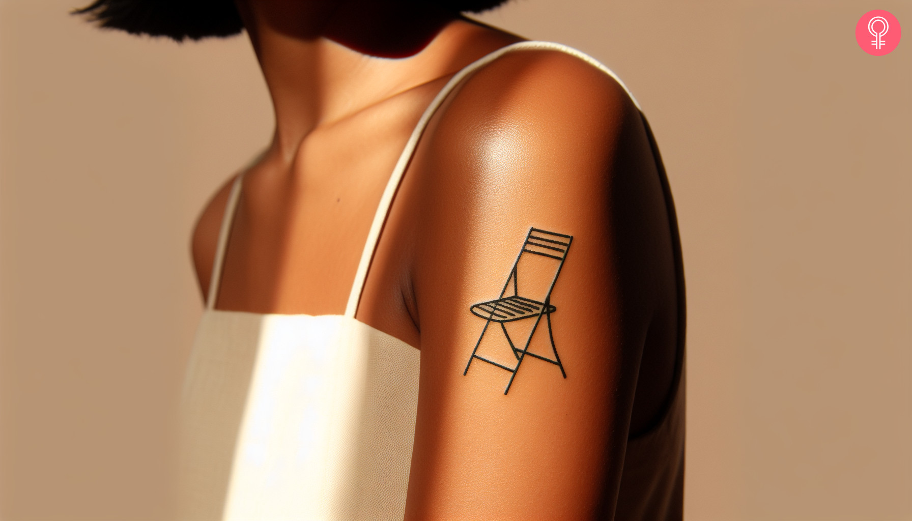 Woman with folding chair tattoo on her upper arm