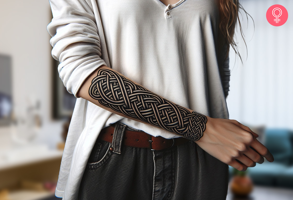Woman with forearm Celtic tattoo