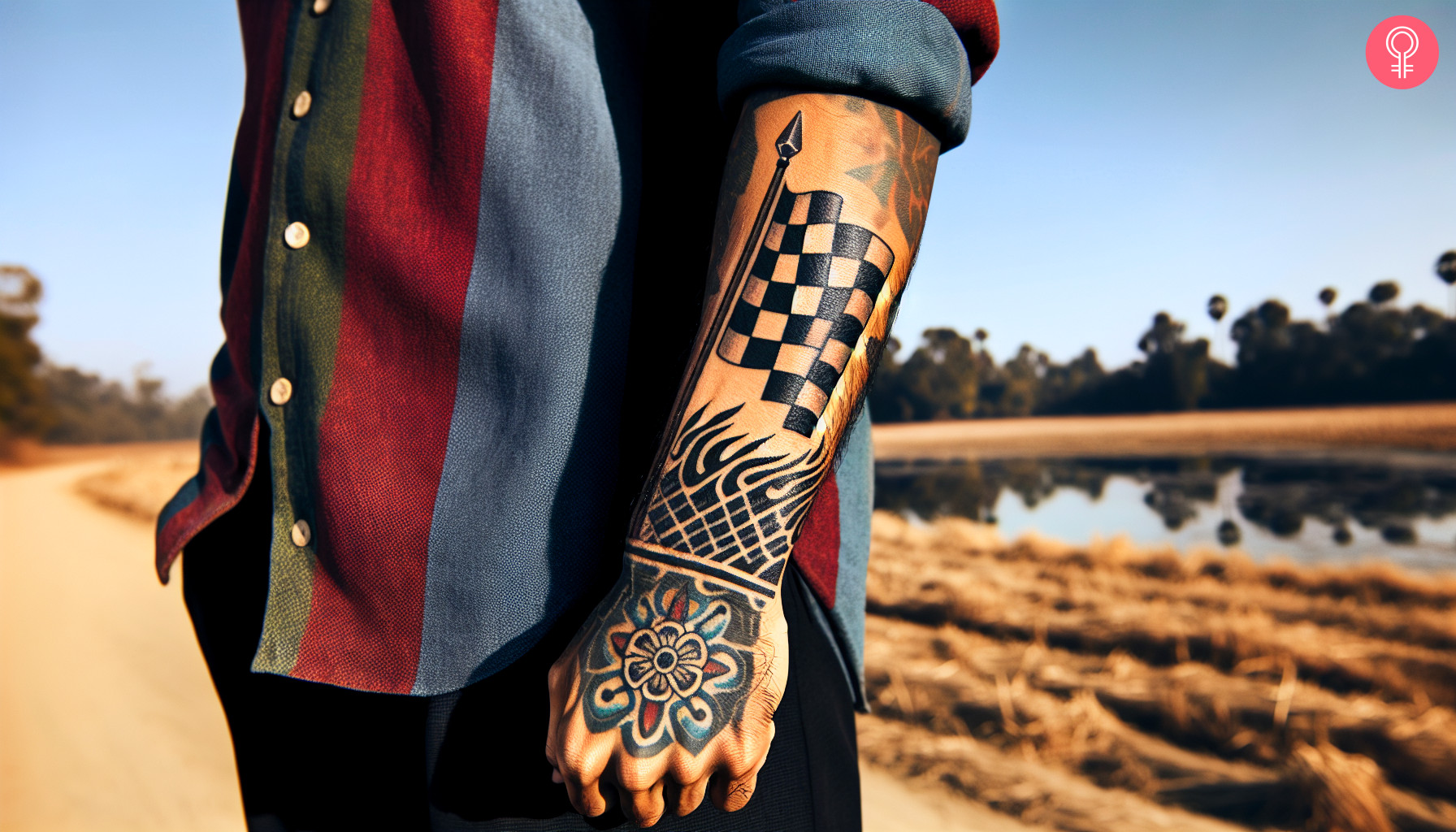 Forearm checkered flag tattoo on a man’s arm