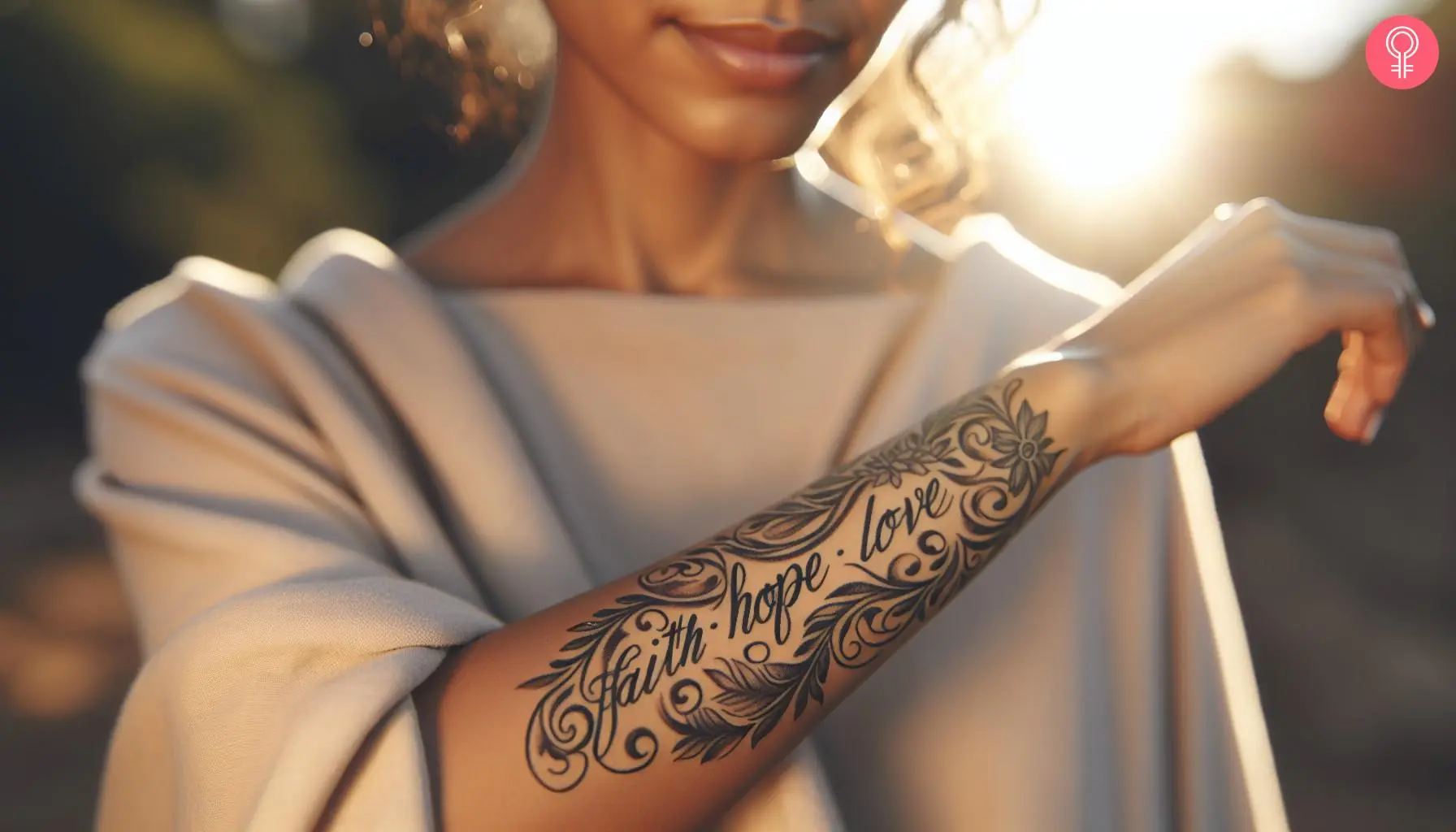 Faith hope love tattoo on the forearm of a woman