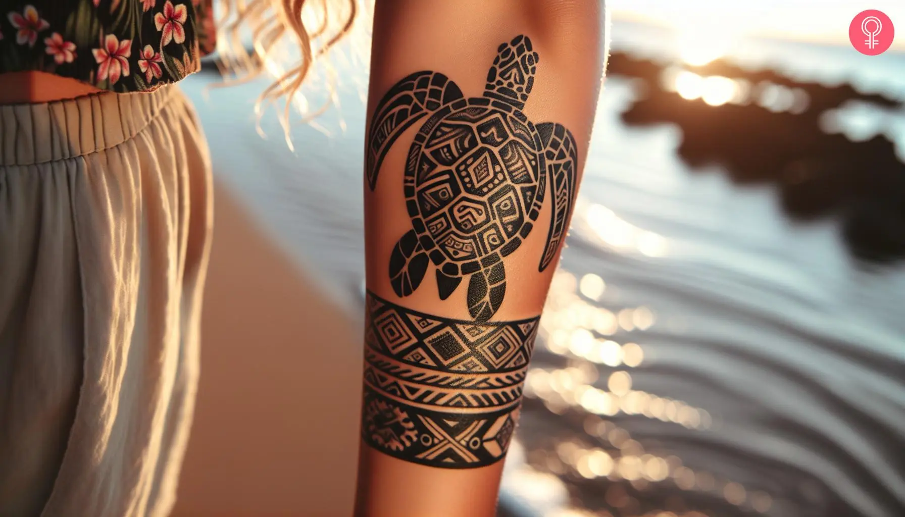 Hawaiian turtle tattoo on a woman’s forearm