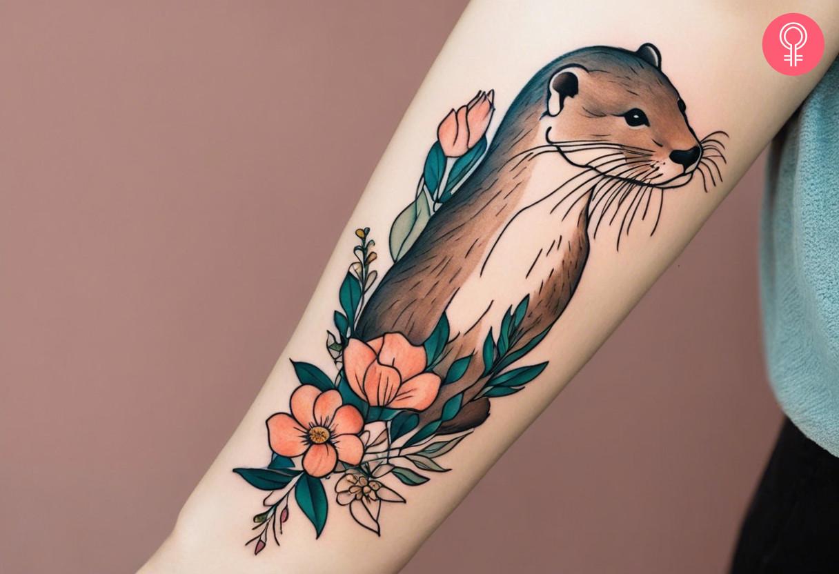 Otter tattoo with flowers on the forearm of a woman