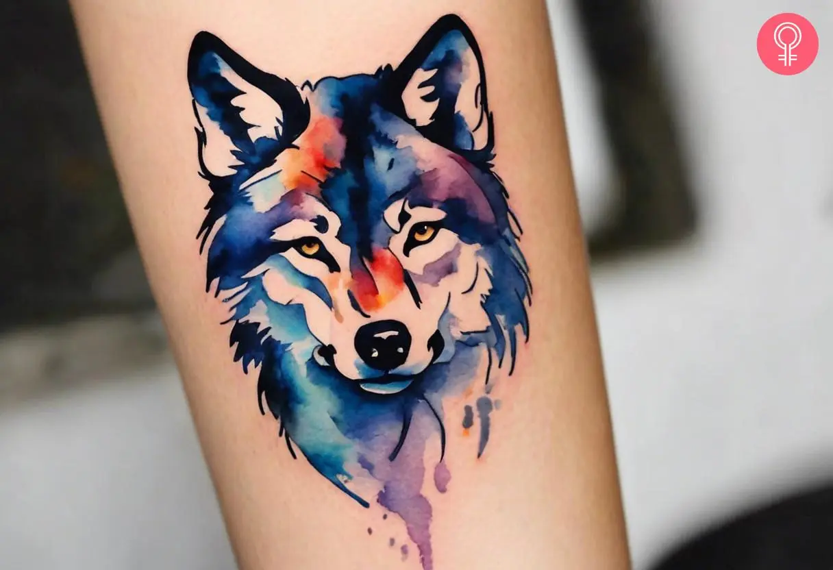 Watercolor wolf tattoo on the forearm of a woman