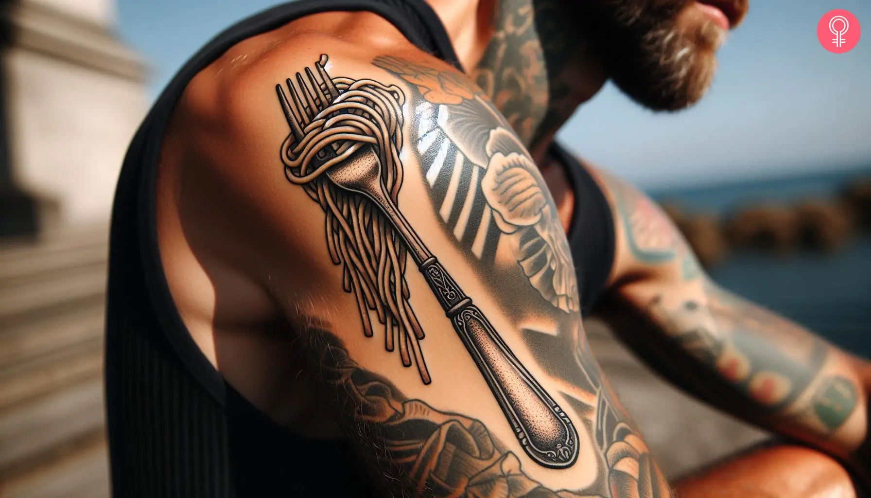 A man wearing a ‘fork and food’ tattoo on the upper arm.