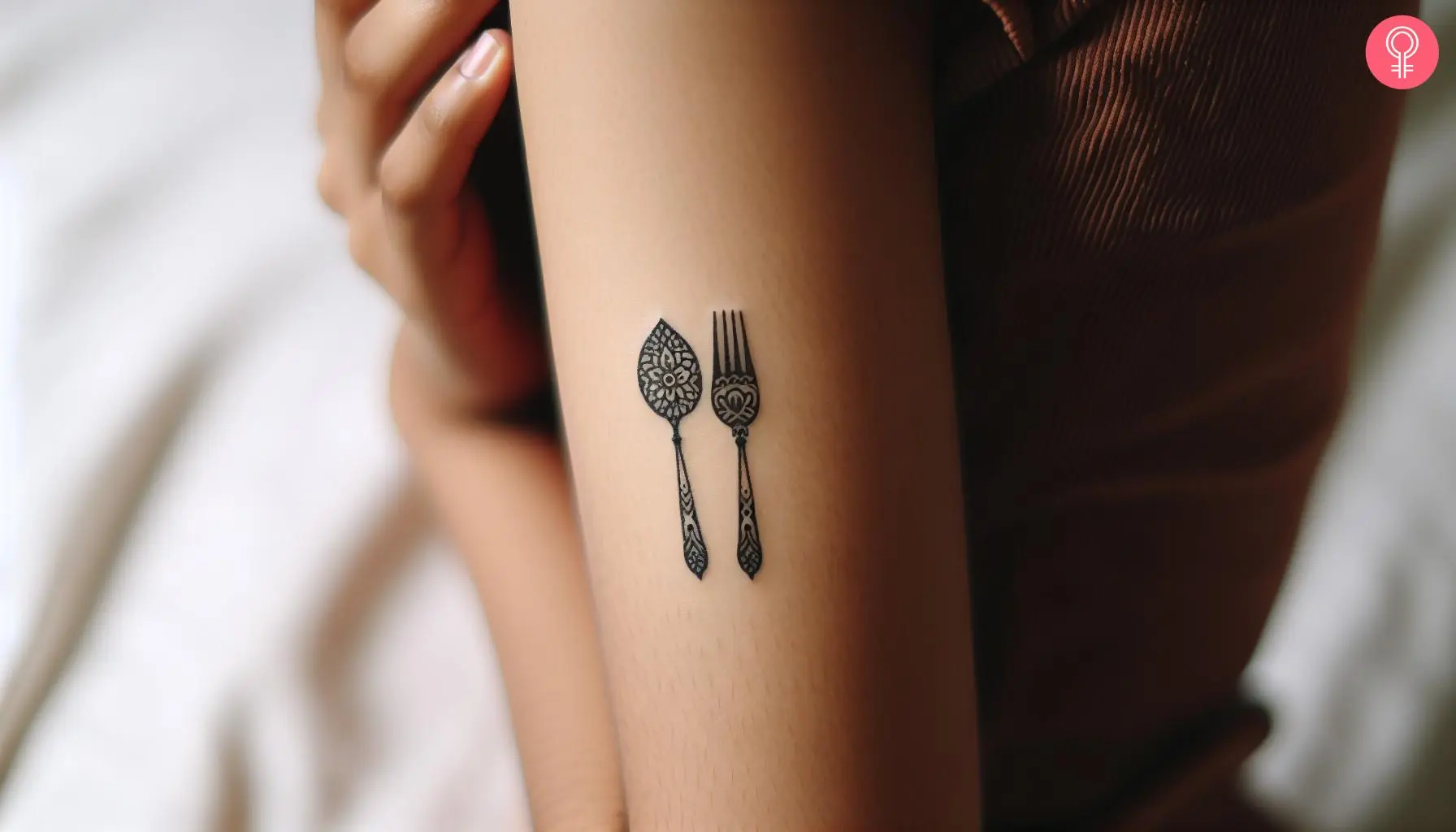 A woman wearing a fork and spoon tattoo on the arm.