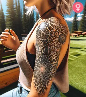 Geometric flower tattoo on the forearm of a woman