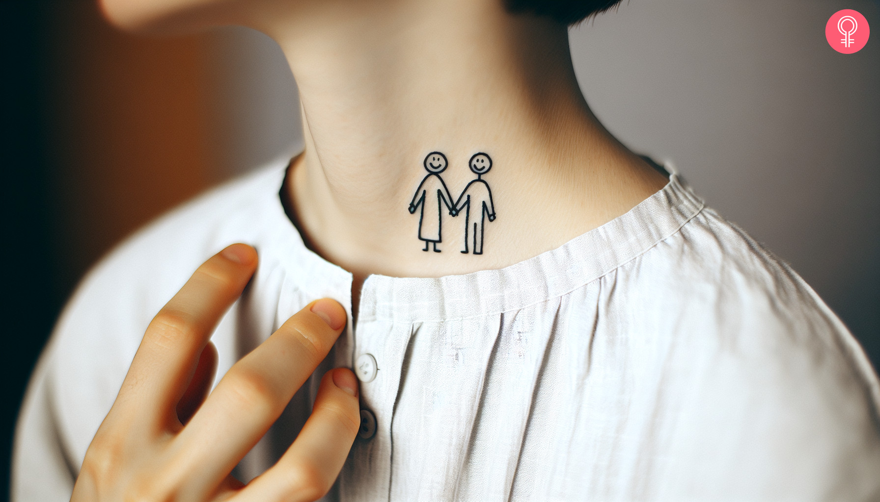 Woman with friendship stick figure tattoo on her neck