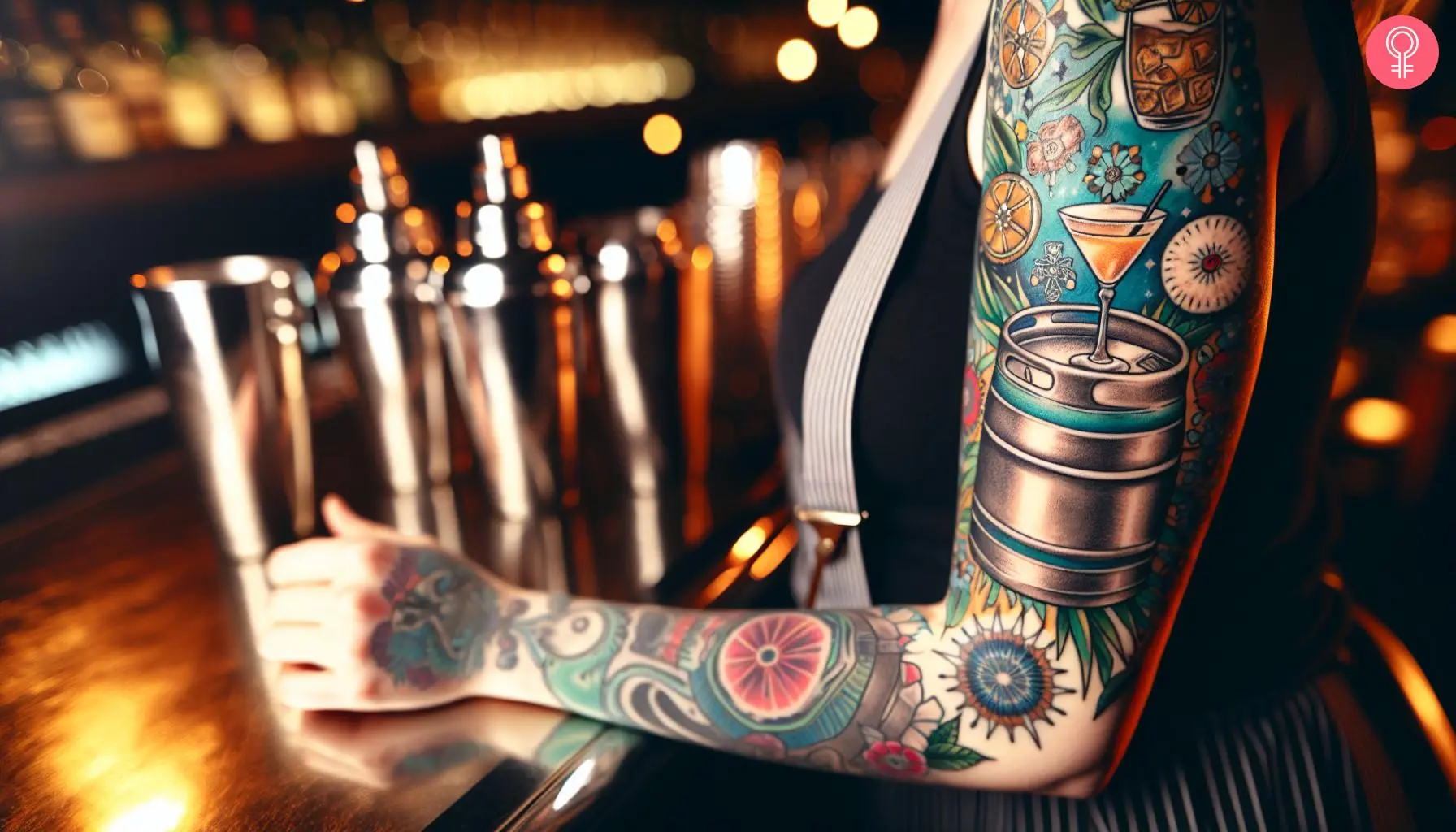 Woman with a full sleeve bartender tattoo on the arm 