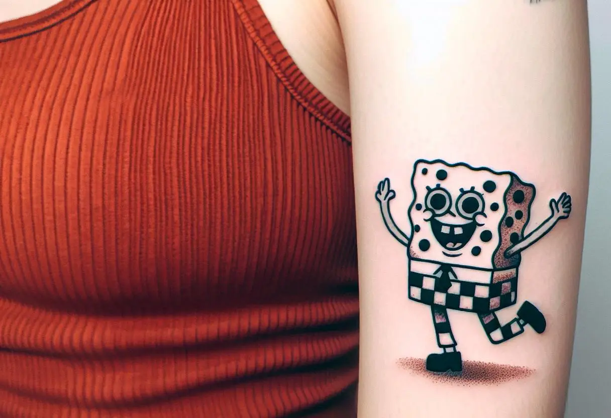 Funny spongebob tattoo on the upper arm