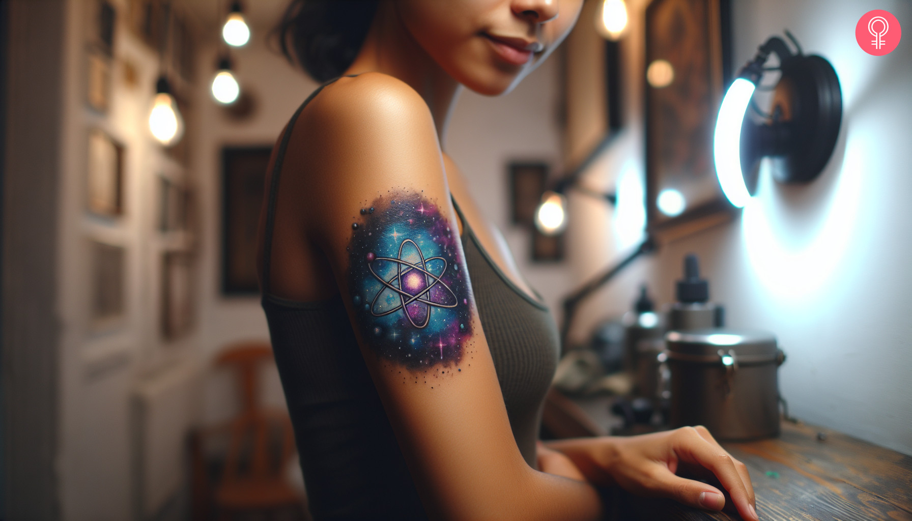 Galaxy atom tattoo design on the arm of a woman