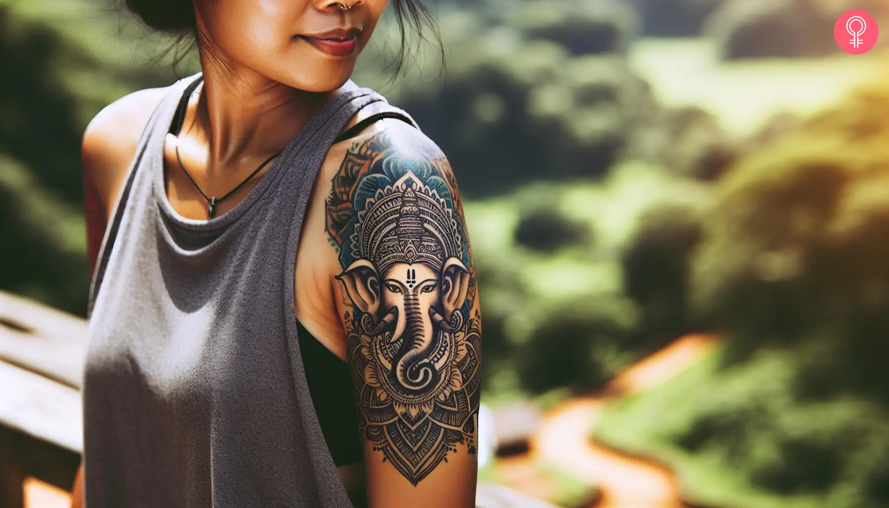 Ganesh elephant tattoo on the upper arm of a woman