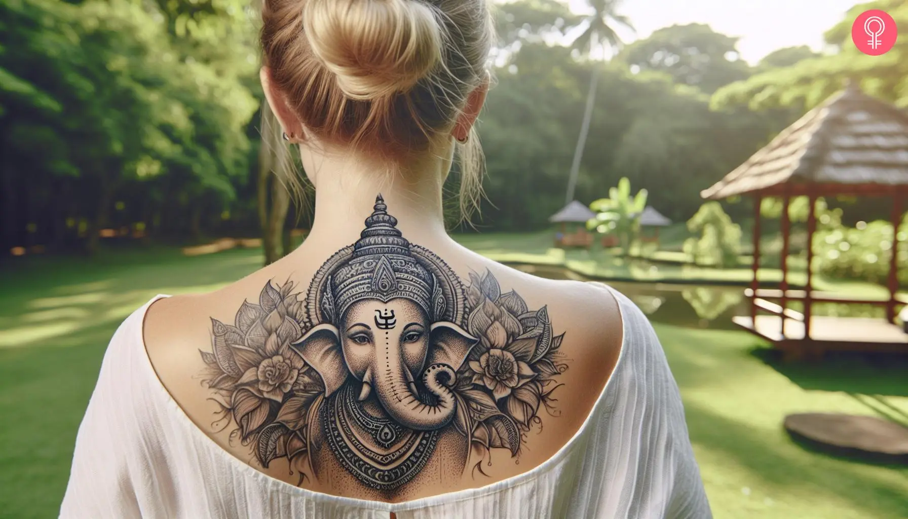 Ganesh face tattoo on the back of a woman