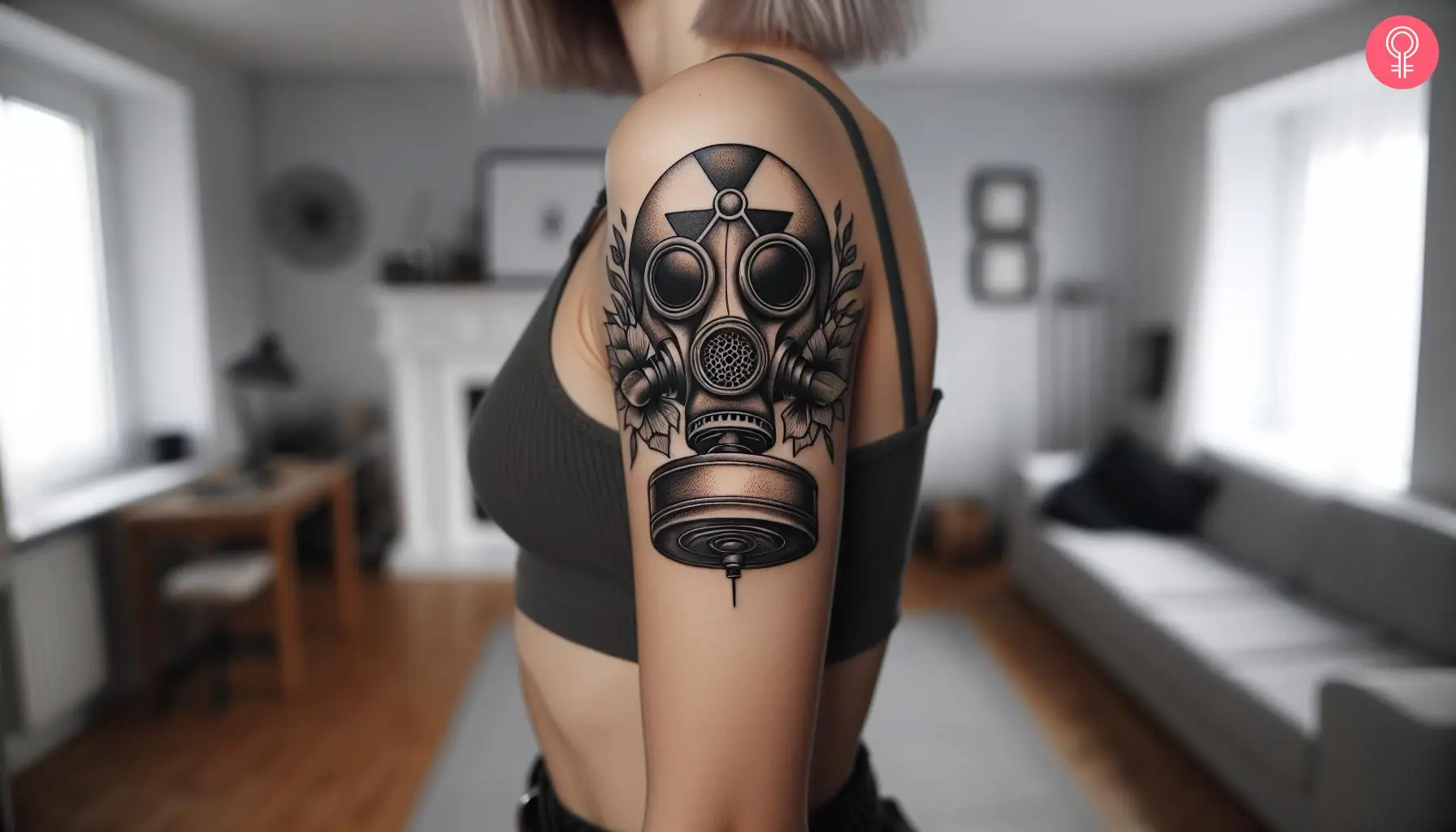 Gangsta gas mask tattoo on the upper arm