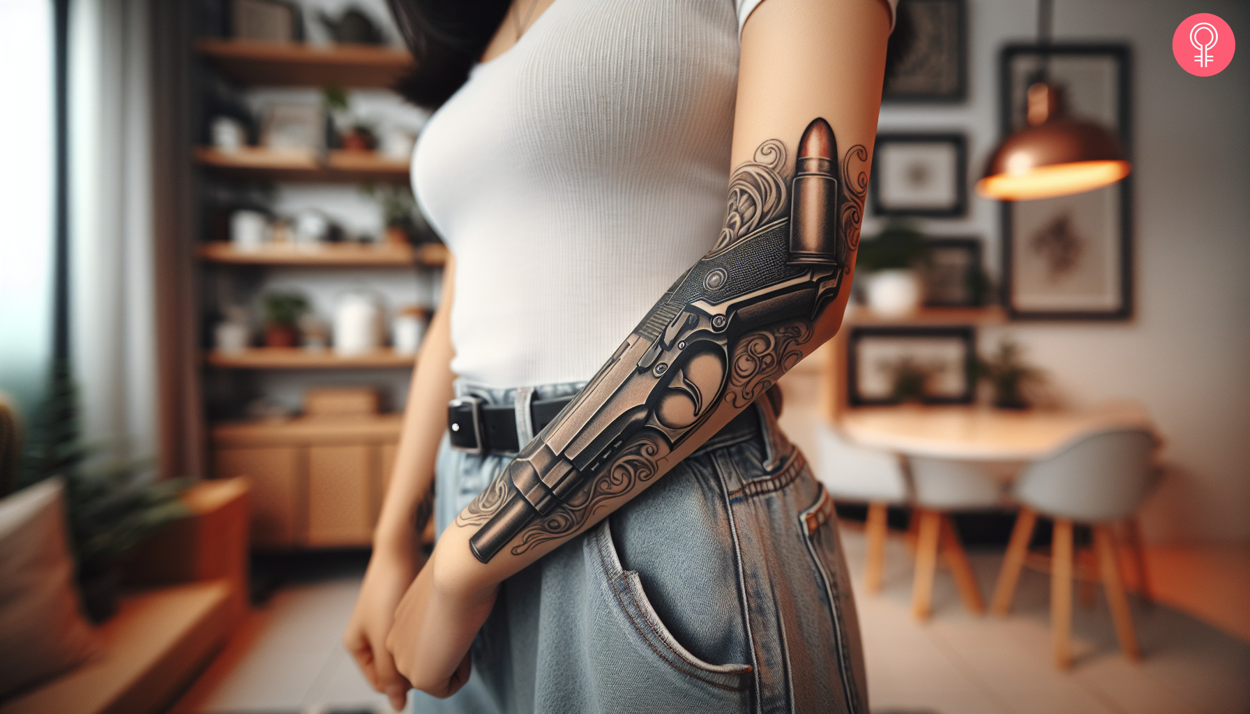 Gun and a bullet tattoo on the sleeve