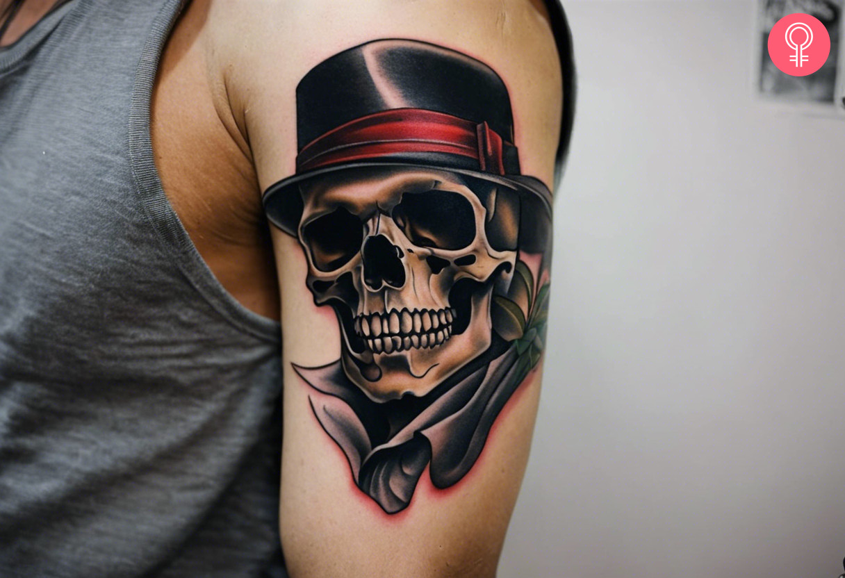 A gangster old school tattoo on a man’s upper arm