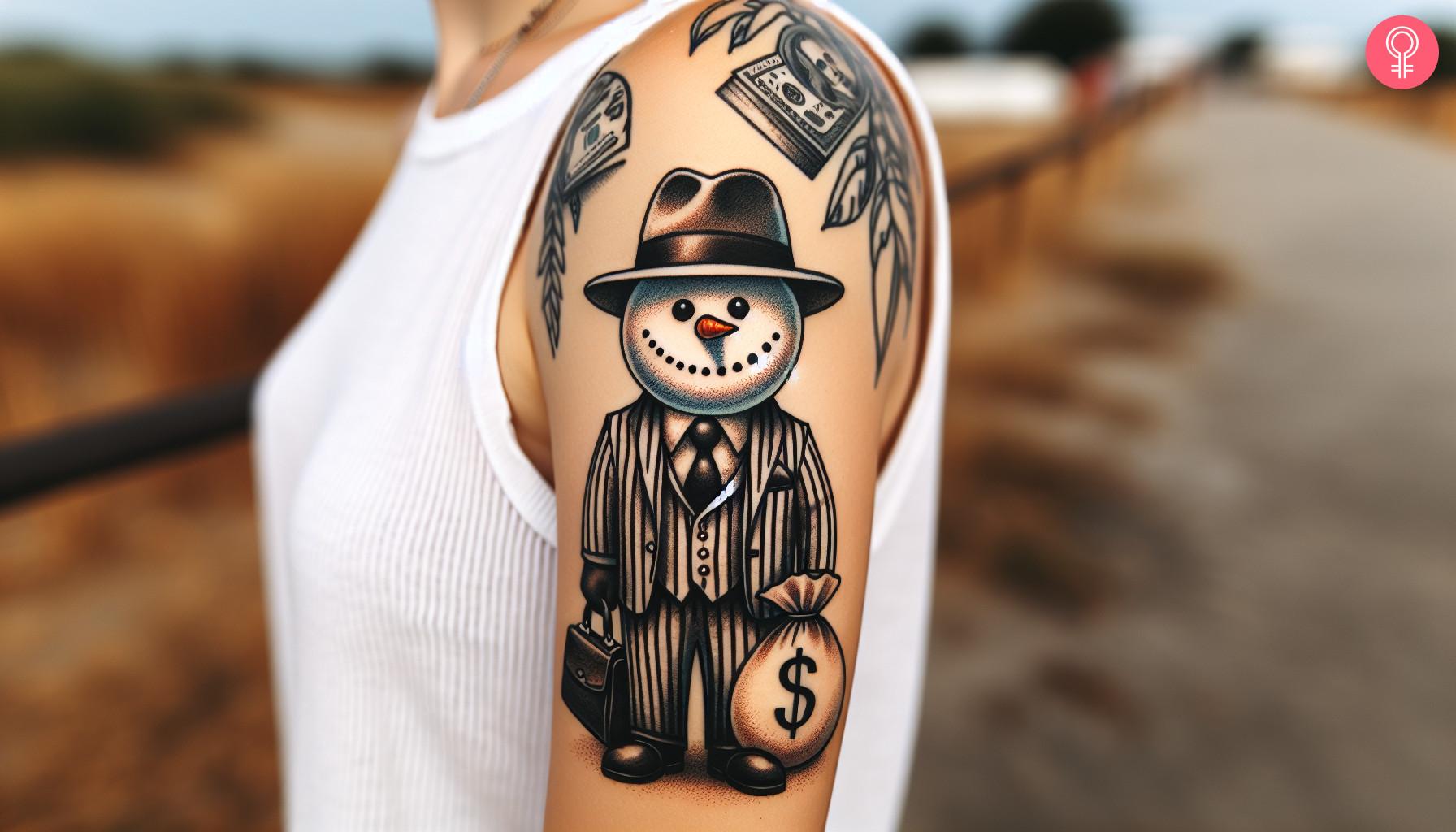 A woman with a gangster snowman tattoo on her upper arm