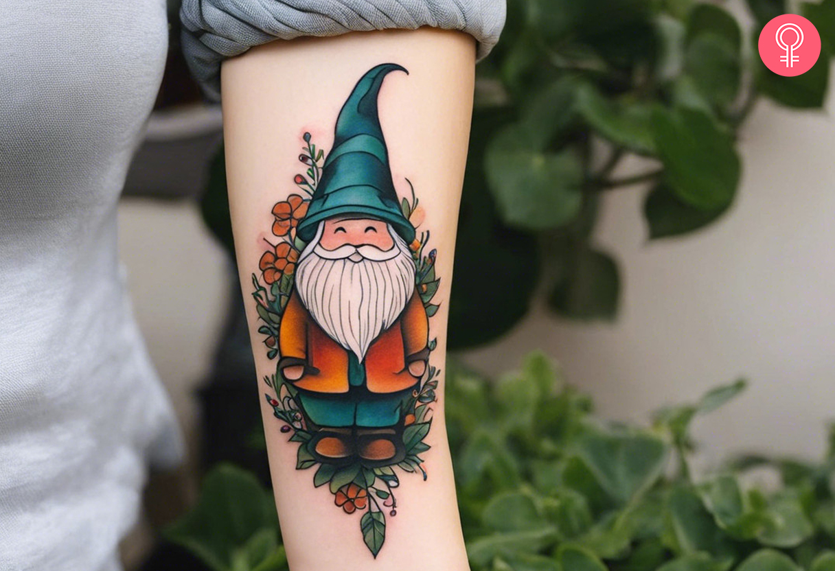 A garden gnome tattoo on the forearm