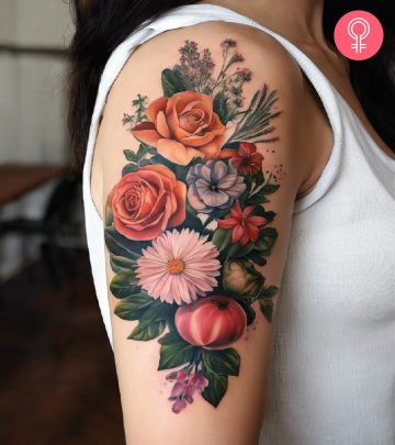 A UV flower tattoo on the arm of a woman