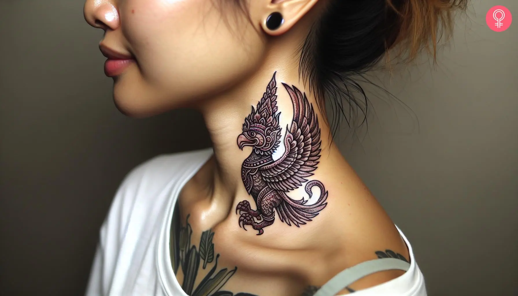 Woman with Garuda neck tattoo