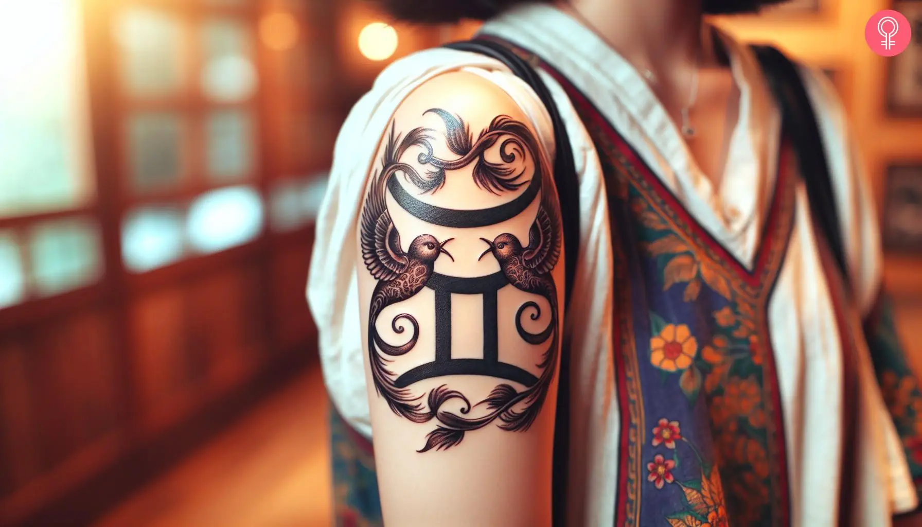 Gemini bird tattoo design on the arm of a woman