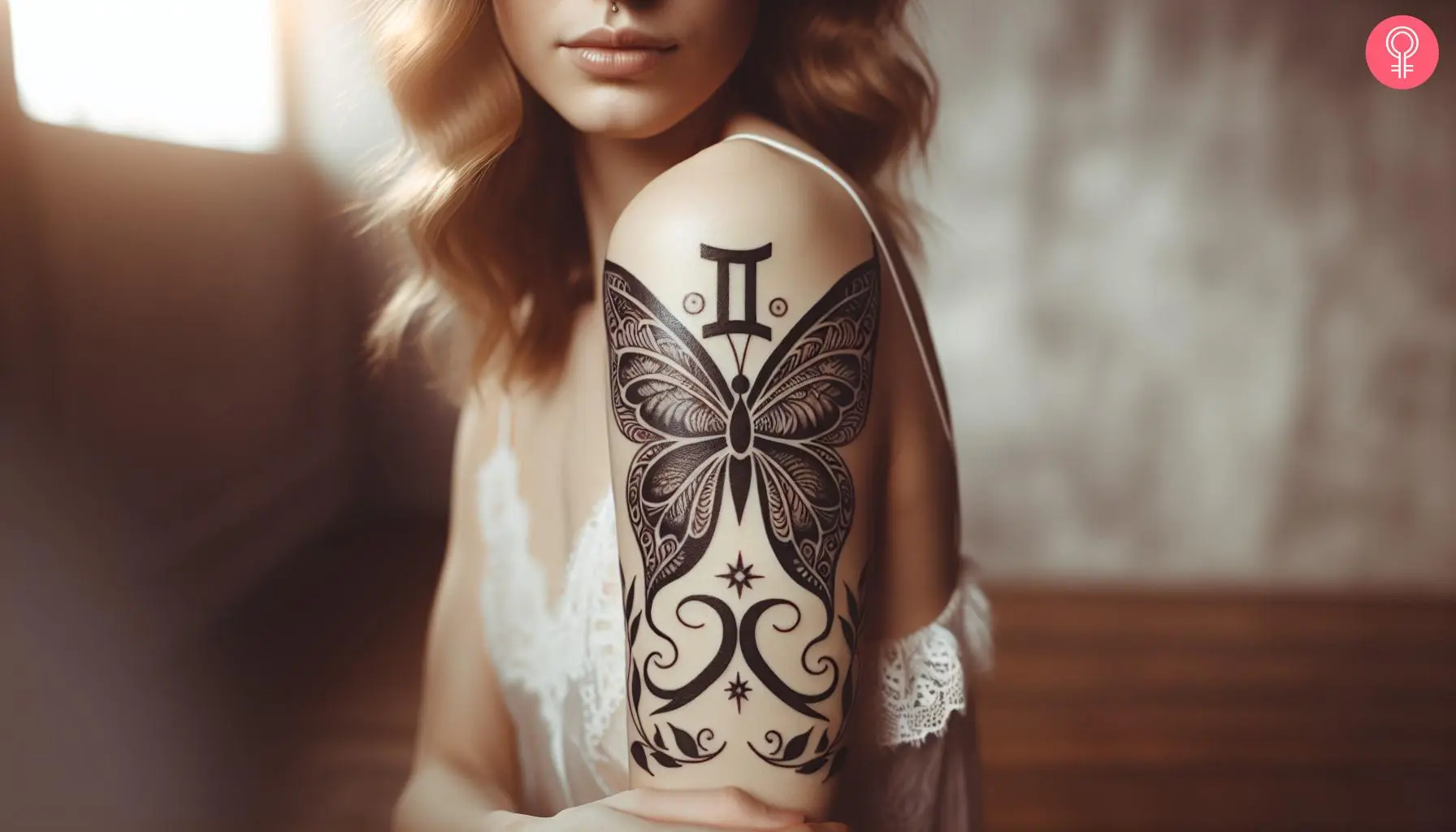 Gemini butterfly tattoo design on the arm of a woman