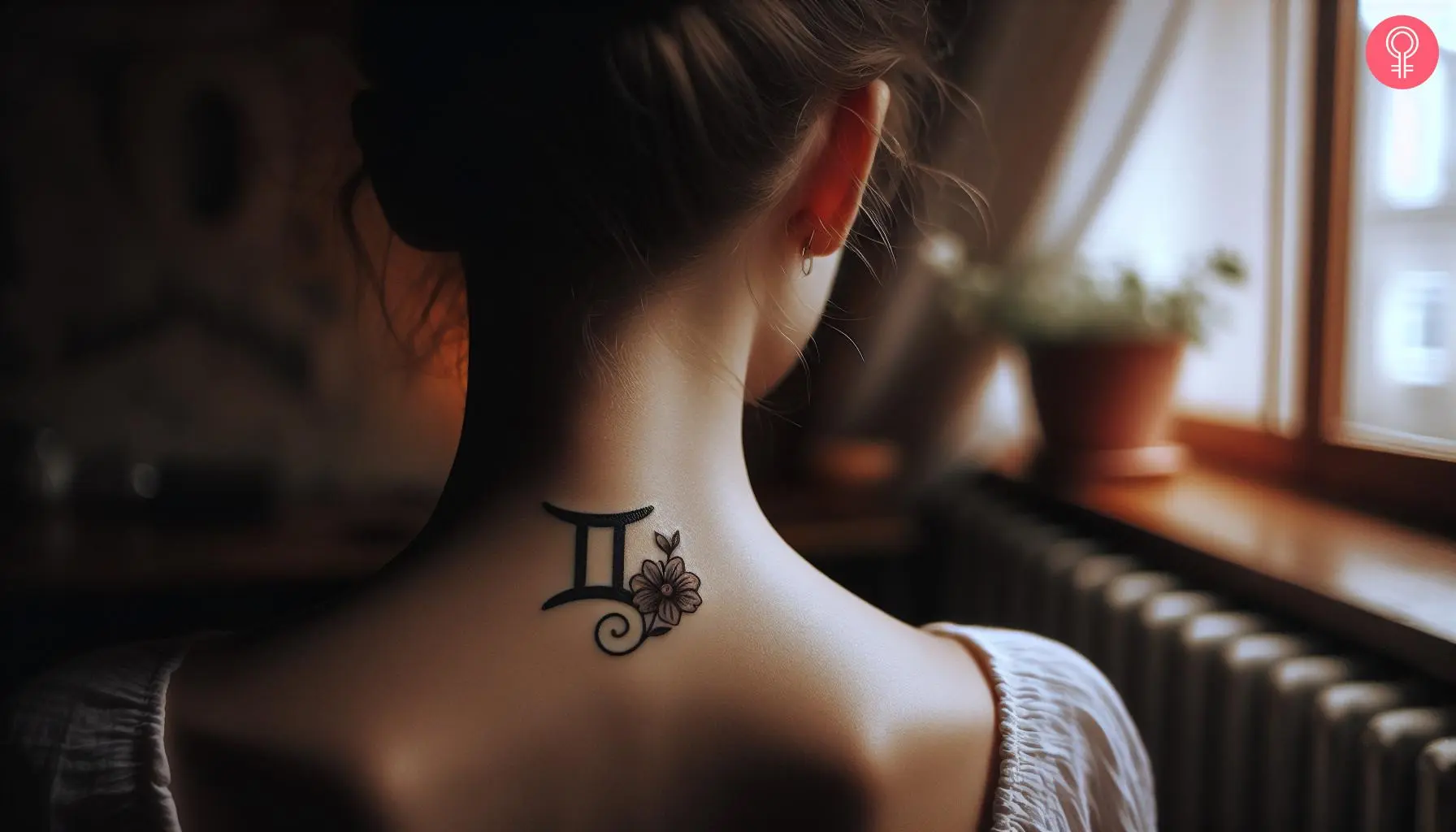 Gemini flower tattoo design on the neck of a woman