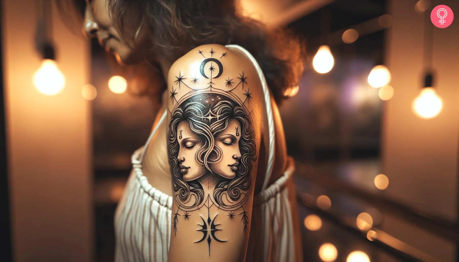 Gemini goddess tattoo design on the arm of a woman