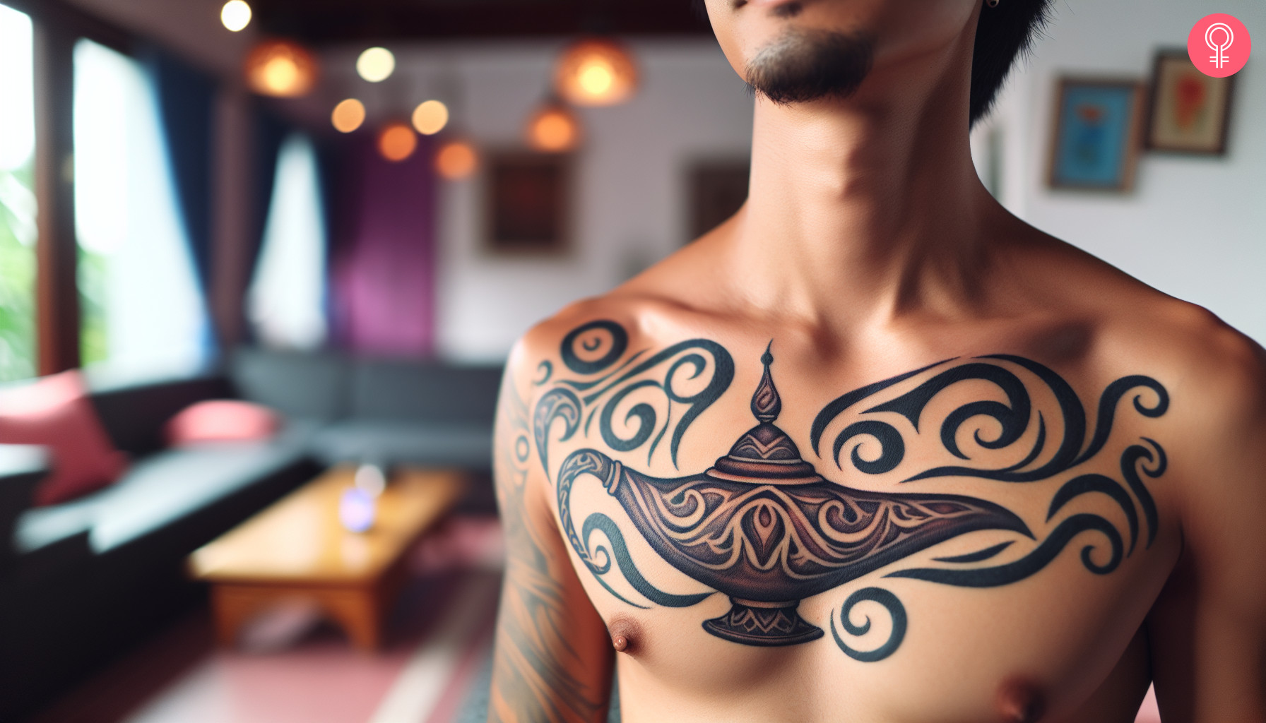 Genie lamp tattoo on the chest of a man