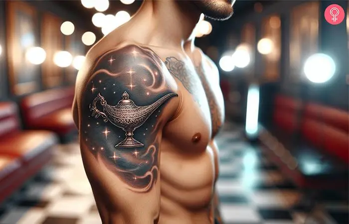 Genie lamp tattoo on the shoulder of a man